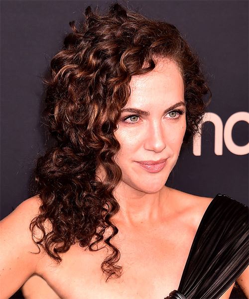 Kate Siegel Long Curly   Dark Brunette   with Side Swept Bangs - side on view