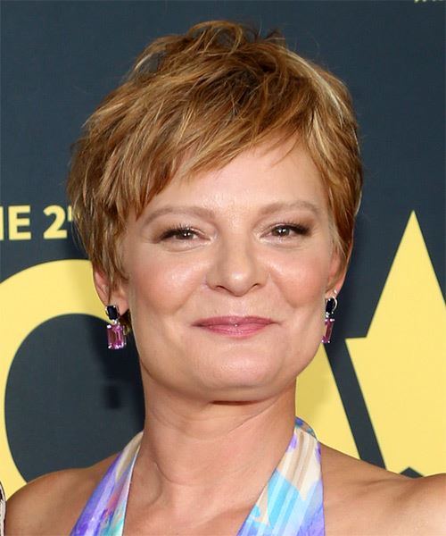 Martha Plimpton Light Red Pixie  with Side Swept Bangs  and Light Blonde Highlights - side on view