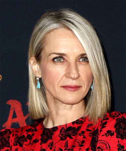 Ever Carradine Medium Straight   Light Blonde Bob  with Side Swept Bangs  and Light Grey Highlights - side on view
