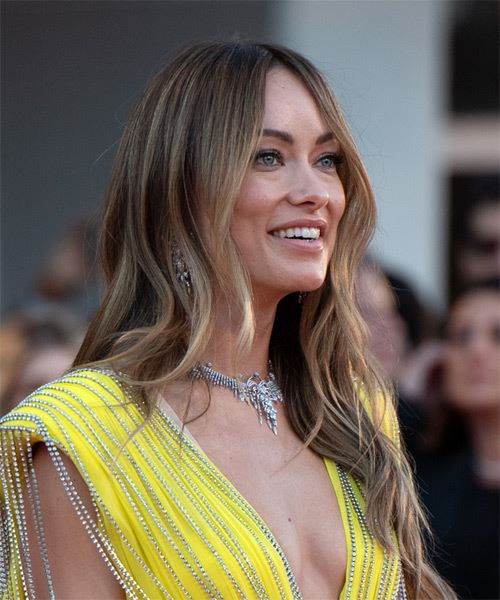 Olivia Wilde Long Wavy   Dark Brunette     with  Blonde Highlights - side on view