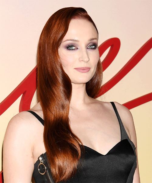Sophie Turner Long Cherry Red Waves With Side Swept Bangs - side on view