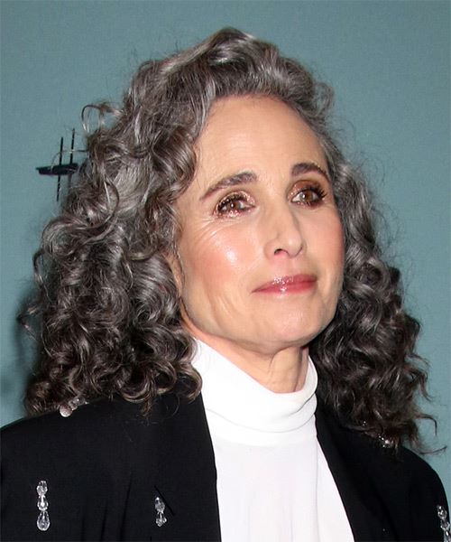 Andie MacDowell Grey Bob With Voluminous Curls - side on view
