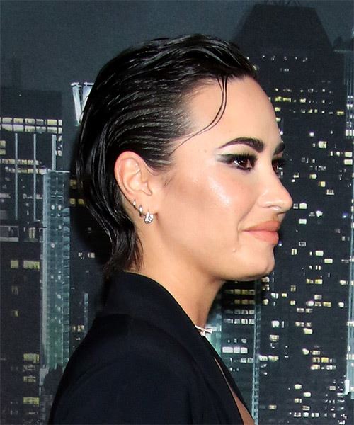Demi Lovato Slicked-Back Wet-Look Hairstyle - side on view