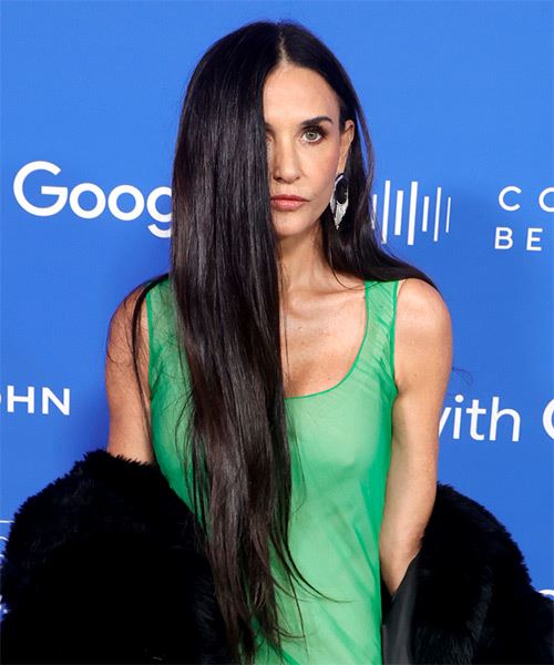 Demi Moore Very Long Straight Black Hairstyle - side on view
