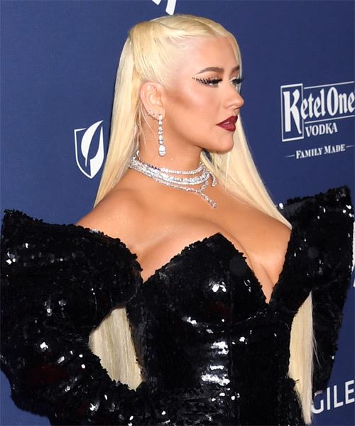 Christina Aguilera Very Long Platinum Hairstyle - side on view
