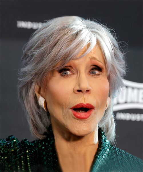 Jane Fonda Medium-Length Gray Hairstyle - side on view