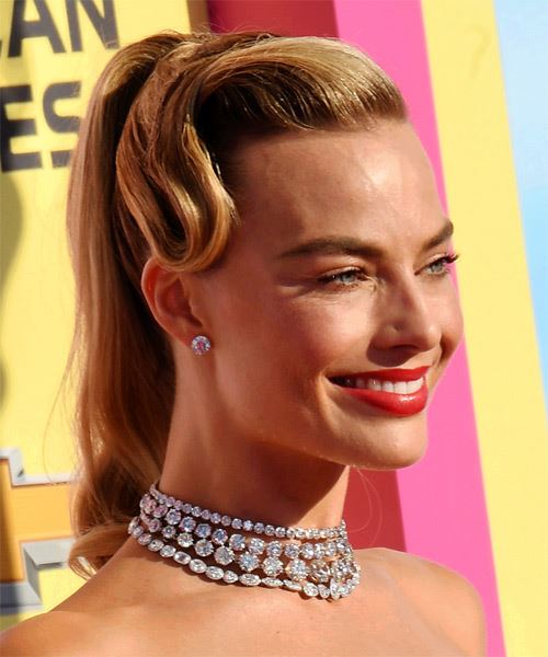 Margot Robbie Updo Hairstyle With Sleek Ponytail - side on view