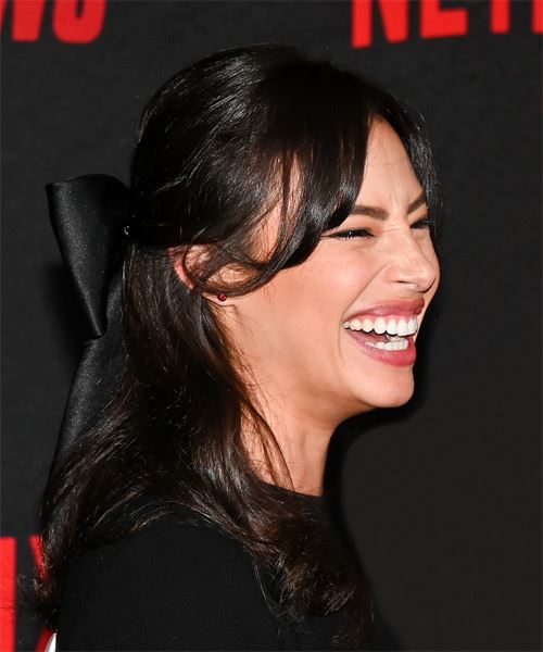 Chloe Bridges Long Wavy Hairstyle With Curtain Bangs - side on view