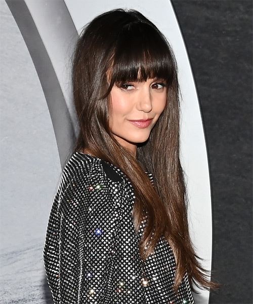 Nina Dobrev Long Brown Hairstyle With Smoothed-Out Bangs - side on view
