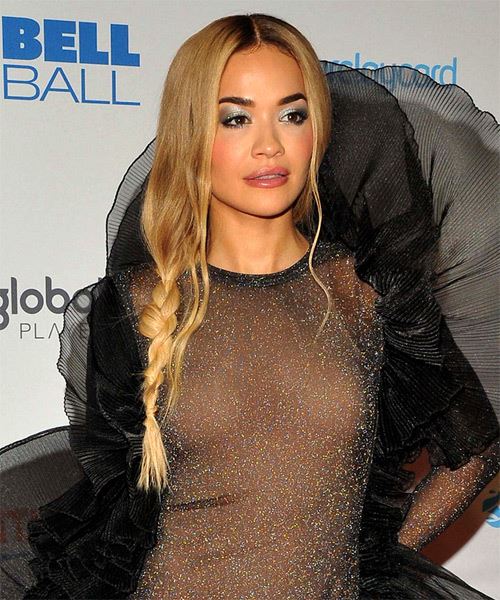 Rita Ora Long Blonde Hairstyle With Braids - side on view