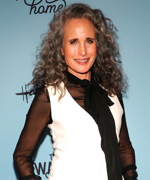 Andie MacDowell Long Grey Hairstyle With Corkscrew Curls - side on view