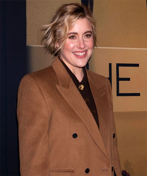 Greta Gerwig Short Hairstyle With Subtle Waves - side on view