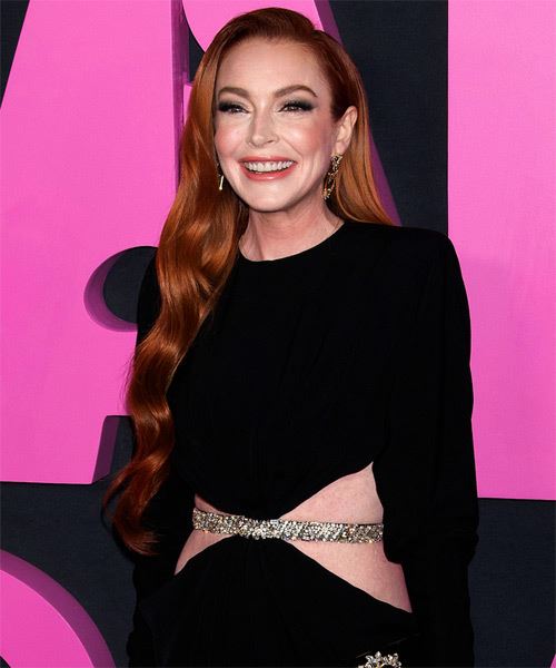 Lindsay Lohan Long Red Hairstyle With Curls - side on view