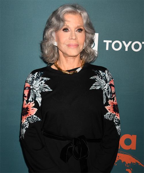 Jane Fonda Medium-Length Grey Hairstyle With Curls - side on view