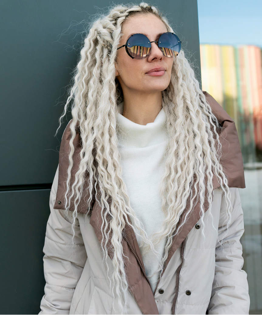 Long White Hairstyle With Tight Curls - view from the side