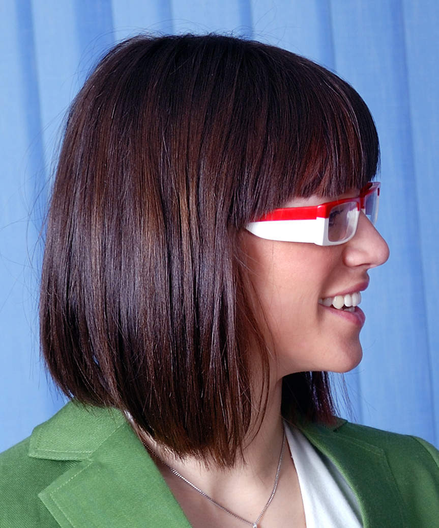 Lob Hair Cut With Full Blunt Bangs - view from the side