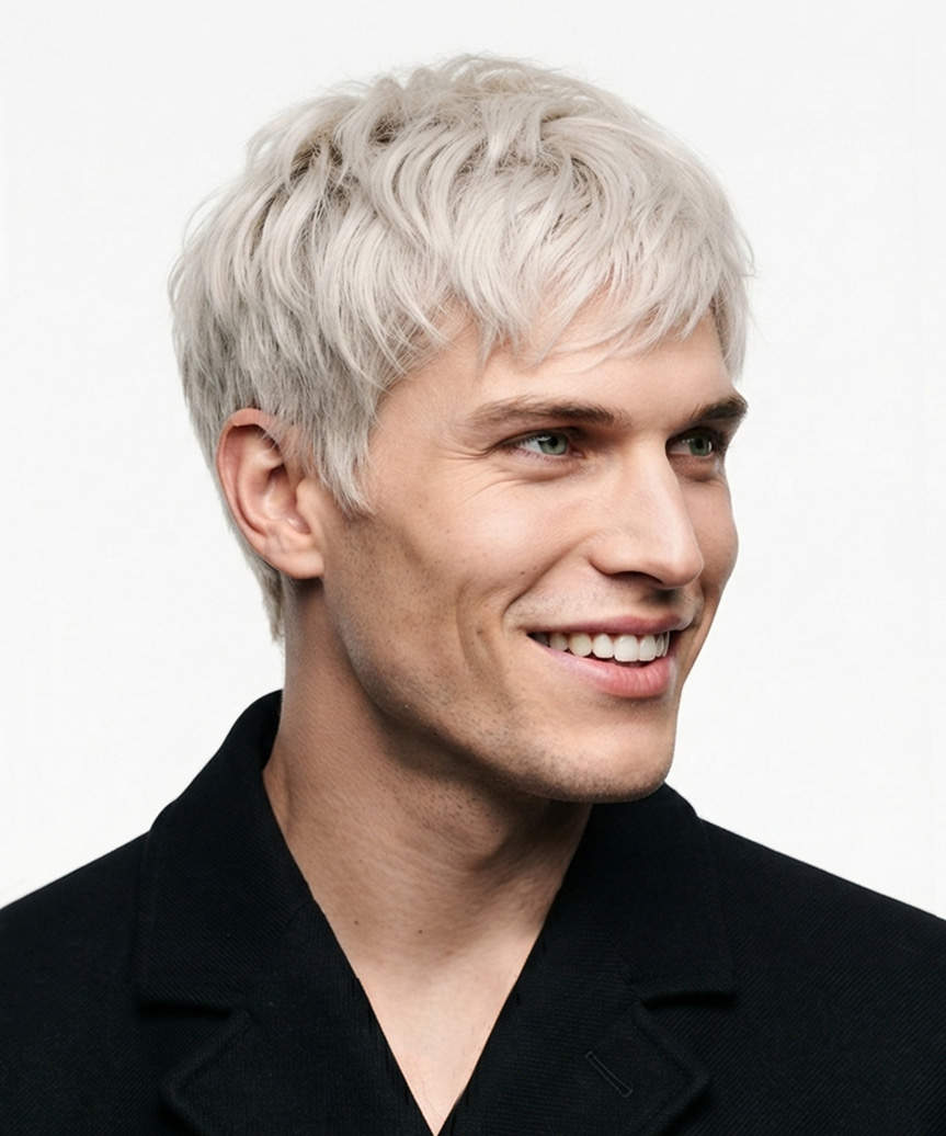 Short Textured Hairstyle For Men With Choppy Fringe - view from the side