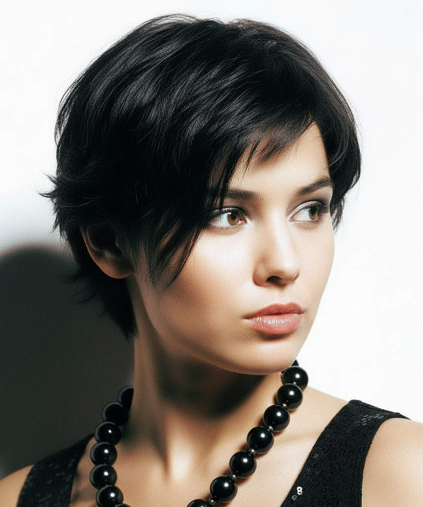 Short Shag Hairstyle With Long Side-Swept Bangs - view from the side