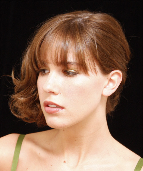 Curly   Light Copper Red with Blunt Cut Bangs - side on view