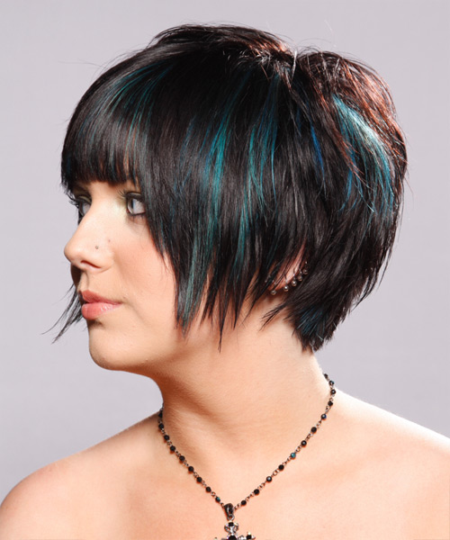 Short Black Textured Hairstyle With Dark Mocha Tones And Blue Highlights - side on view