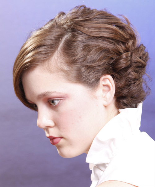  Short Curly   Light Chestnut Brunette   Hairstyle with Side Swept Bangs  - Side on View