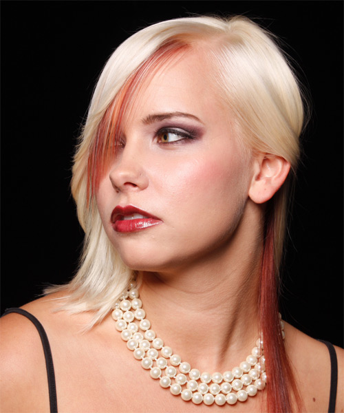  Blonde And Red Two-Tone Sleek Hairstyle With Side Swept Bangs - side on view