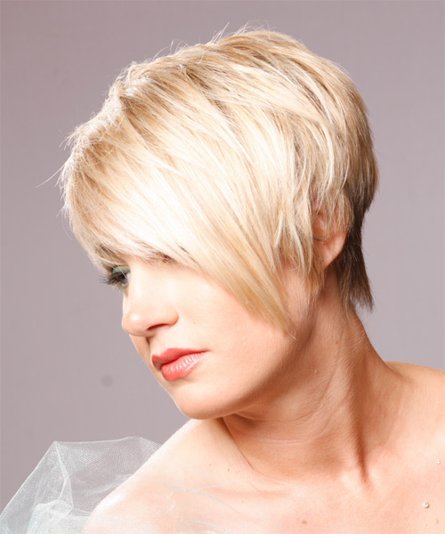  Light Blonde Hairstyle With Textured Layers And Long Bangs - side on view