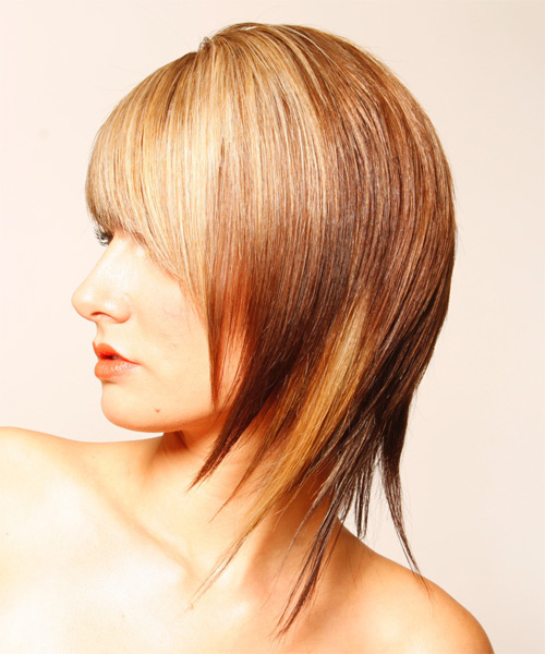Sleek  Medium-Length Blonde Hairstyle With Soft Bangs - side on view