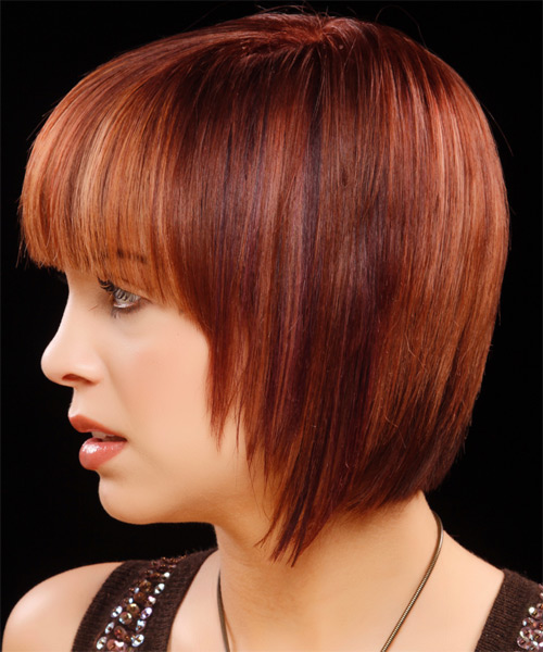 Medium Straight Hairstyle Bob Haircut with Blunt Cut Bangs - side view