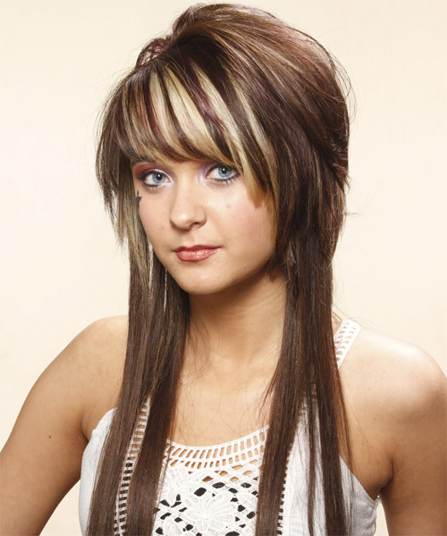Long Straight Chocolate Brunette Hairstyle with Side Swept Bangs and Light  Blonde Highlights