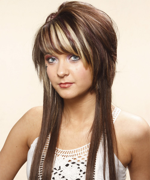 Long Straight    Chocolate Brunette  Hairstyle with Side Swept Bangs  and Light Blonde Highlights - side on view