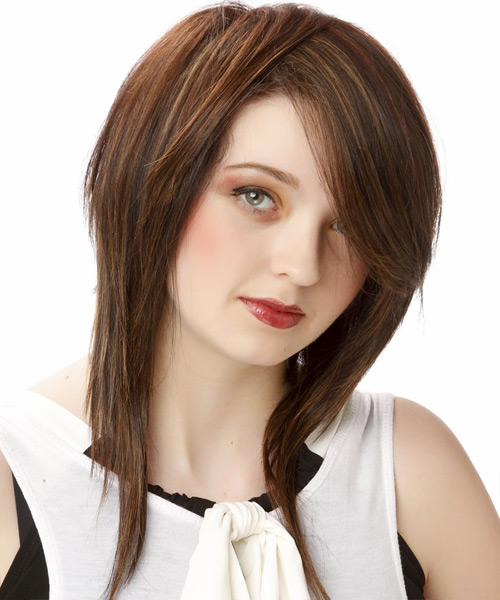 Medium Straight   Dark Chocolate Brunette  Hairstyle with Side Swept Bangs - side on view