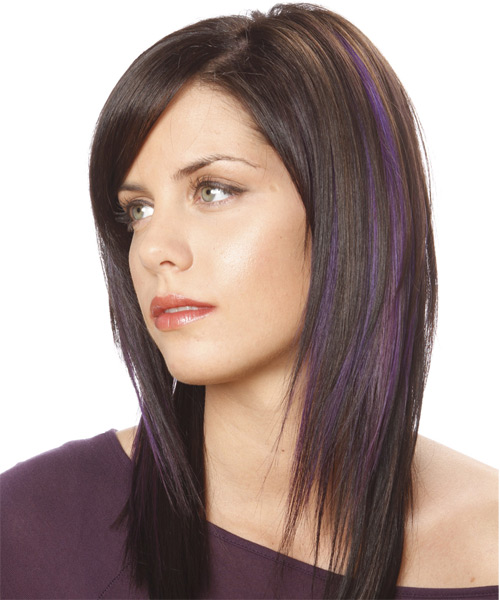 Straight   Dark Plum Brunette with Side Swept Bangs - side on view