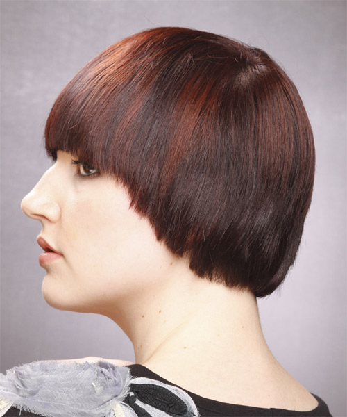 Short  Sleek Hairstyle With Blunt Cut Bangs - side on view