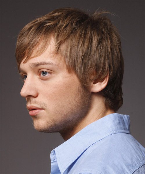  Short Straight   Dark Honey Blonde   Hairstyle with Razor Cut Bangs for Men - Side on View