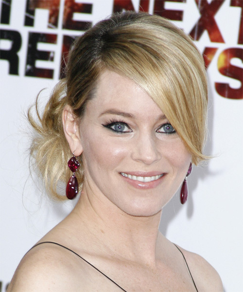 Elizabeth Banks Long Straight    Golden Blonde and  Brunette Two-Tone  Updo - side on view