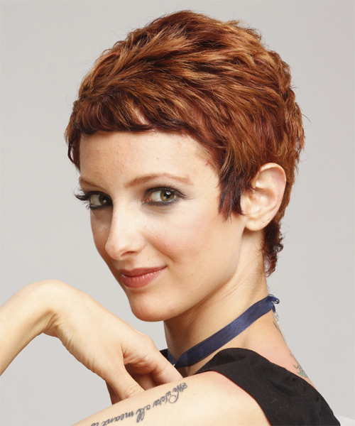 layered auburn brunette pixie cut