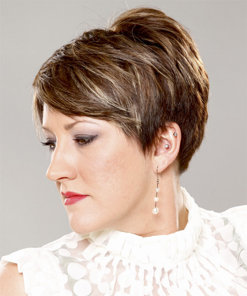    Layered   Brunette Pixie  Cut   with Light Blonde Highlights - Side on View