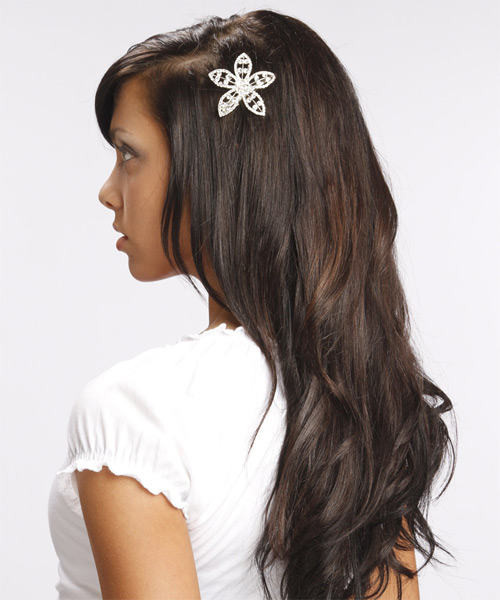 Long Straight dark Hairstyle with a hair pin