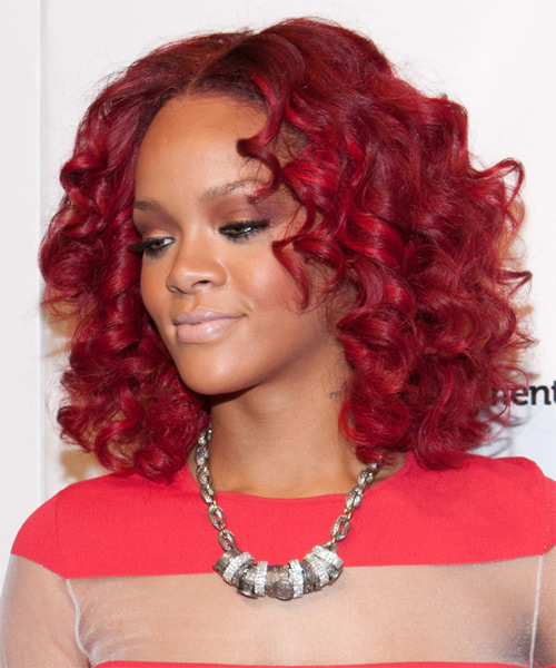 Rihanna Medium Bright Red Curly Bob - side on view