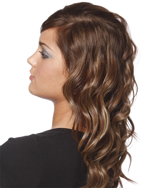 Wavy    Brunette with Side Swept Bangs - side on view
