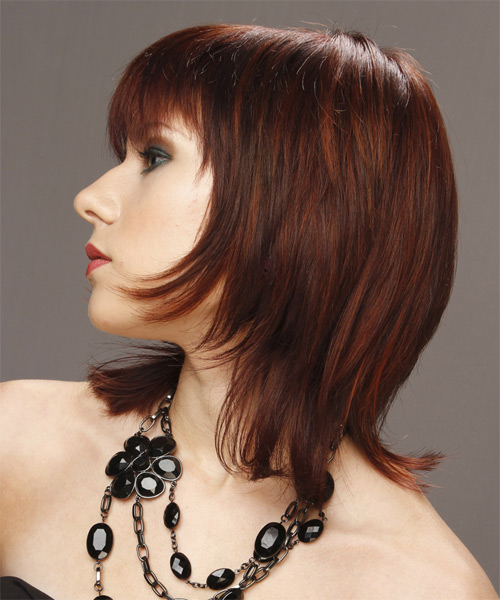 Straight Layered  Dark Red with Blunt Cut Bangs - side on view