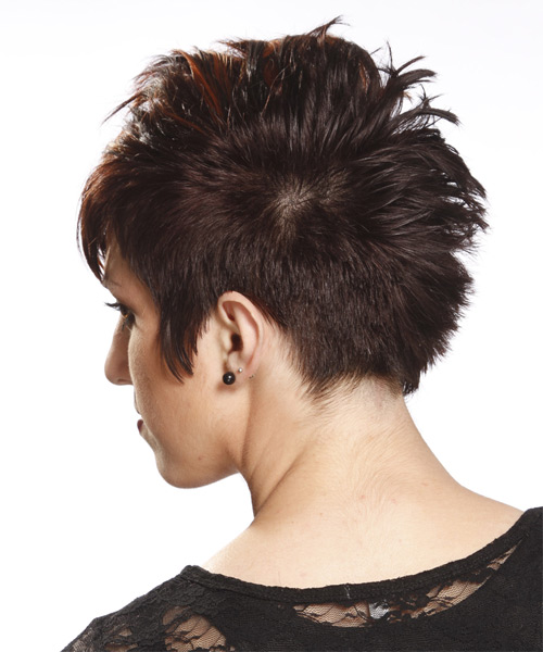      Dark Brunette and Orange Two-Tone Pixie  Cut with Layered Bangs  - Side on View