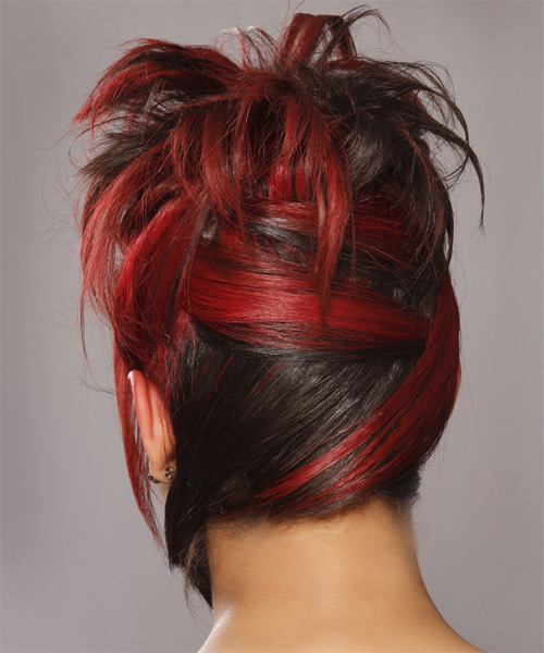 Straight    Red with Side Swept Bangs  and Black Highlights - side on view