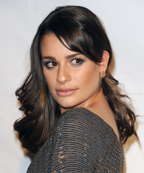 Lea Michele Long Wavy    Brunette   with Side Swept Bangs  and Light Red Highlights - side on view
