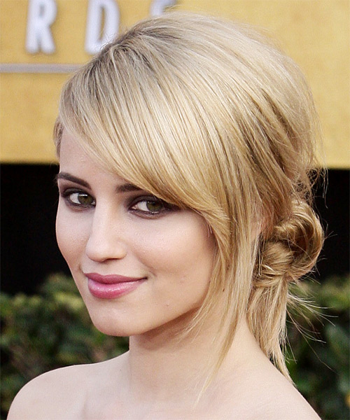Dianna Agron Long Straight    Blonde and Dark Brunette Two-Tone  Updo - side on view
