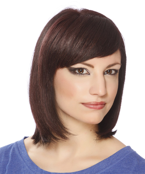 Straight    Plum Brunette with Side Swept Bangs - side on view