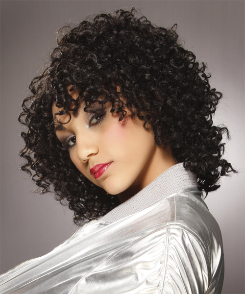  Medium Curly   Black    Hairstyle   - Side on View