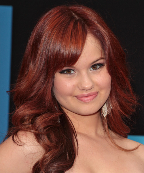 Debby Ryan Long Wavy   Dark Red   with Side Swept Bangs - side on view