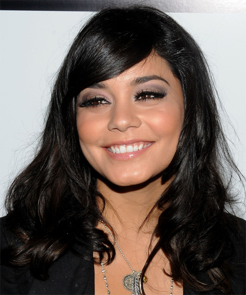 Vanessa Hudgens Long Wavy   Black    with Side Swept Bangs - side on view